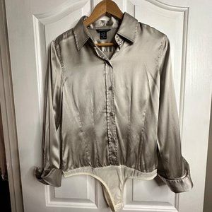 Victoria's Secret International Champagne Silk French Cuff Button Down Bodysuit